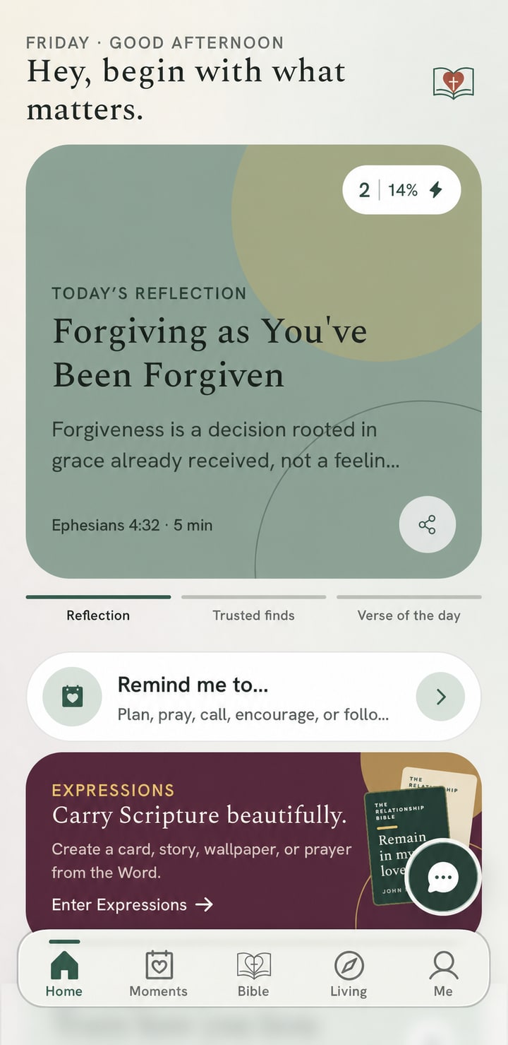 The Relationship Bible home screen showing a daily reflection and Expressions